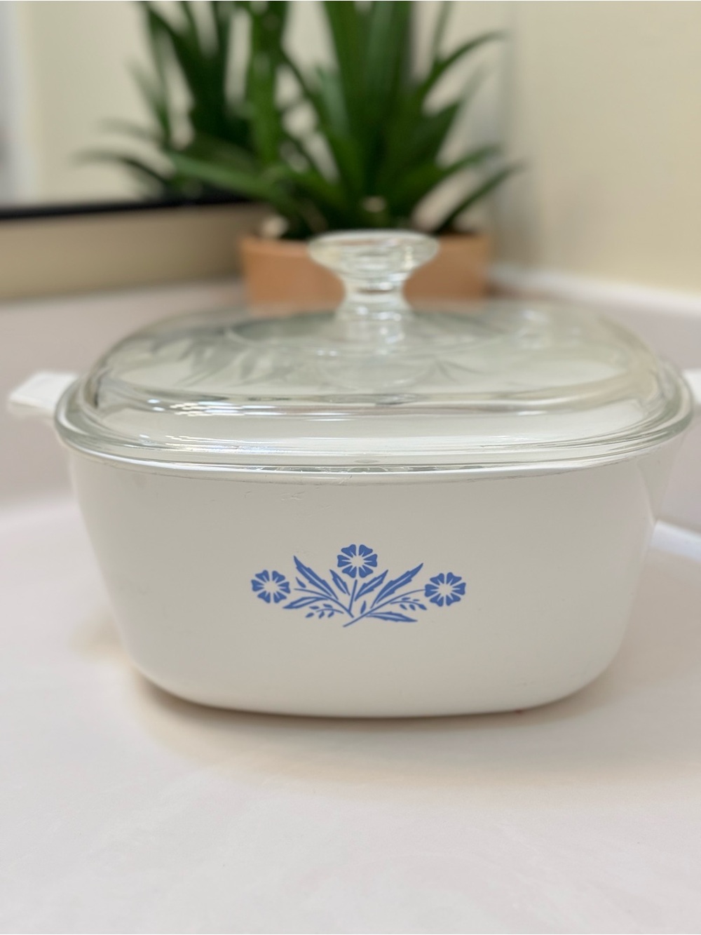 Corningware White Casserole with Blue Floral Pattern and Glass Lid
